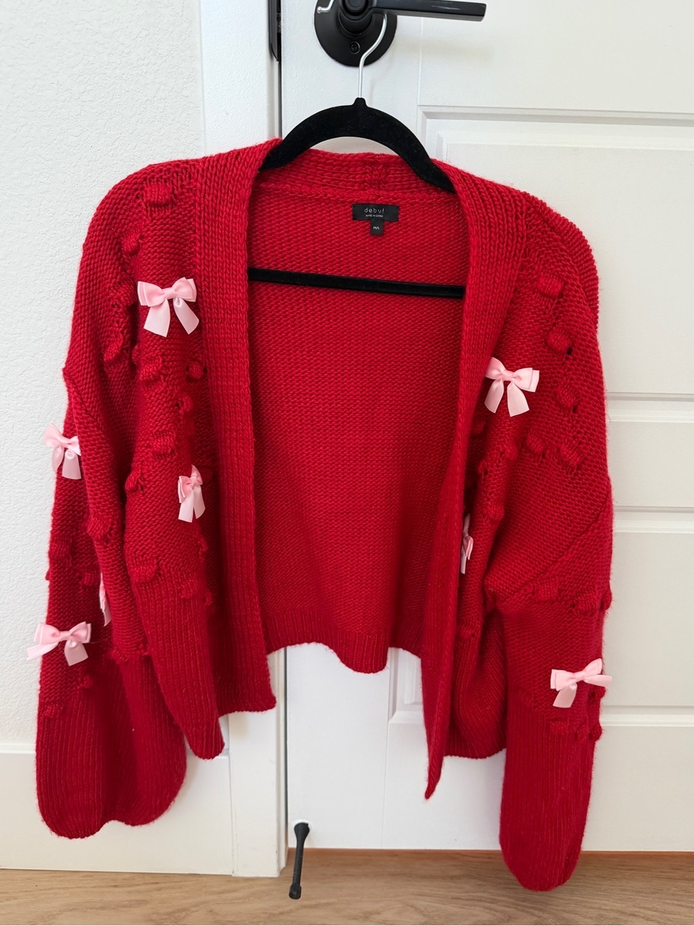 Red bow sweater cardigan M/L - Picture 3 of 6